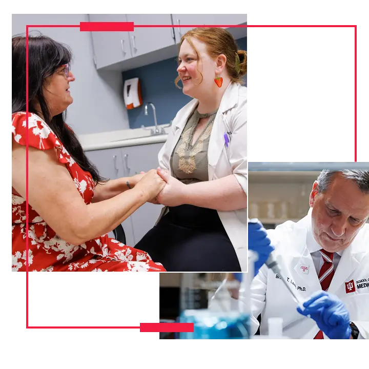 collaged image with one image showing a female doctor holding hands and smiling with care at a female patient in a red and flowered dress. This image is laid over an image of a male scientist in a white coat and blue gloves working in a lab setting. There are cream squares and triangles in the background.